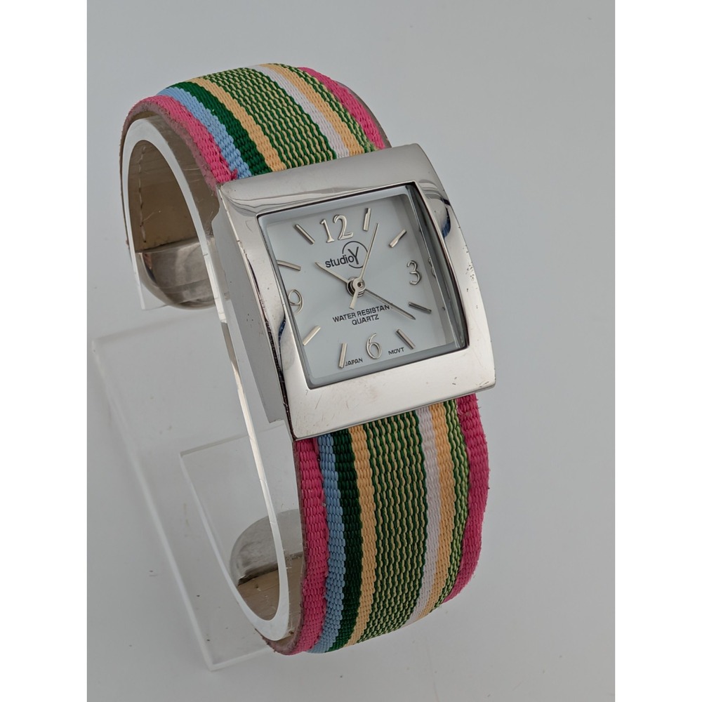 Studio Y Women's Watch 25mm Case Colorful Canvas Bangle Band- New Battery